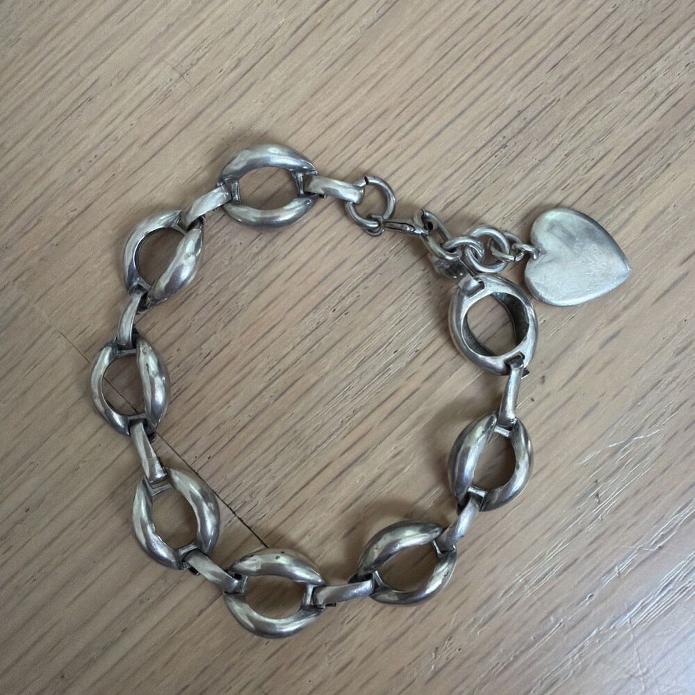 Vintage Sterling Silver Mexican Chunky Link Bracelet With Heart Charm